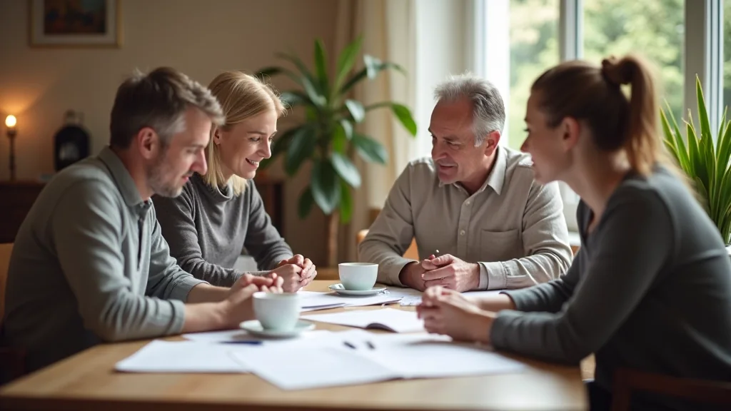 Familie aan tafel die samen documenten doorneemt