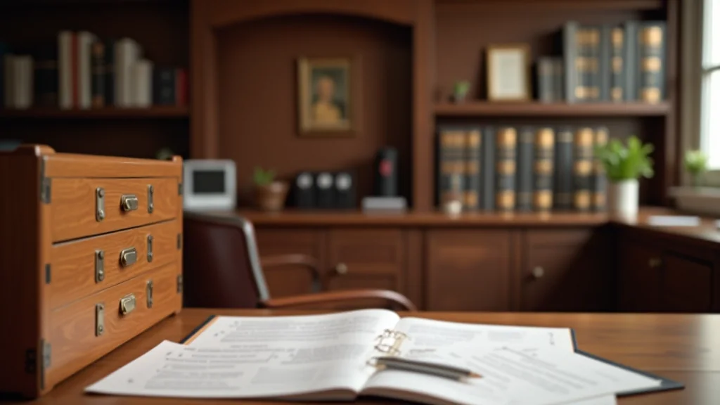 Interieur van een notariskantoor met houten meubilair en documenten