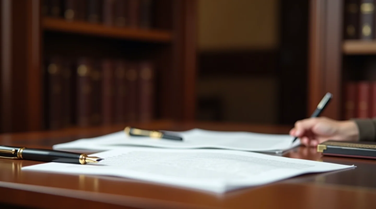 Werkplek van een notaris met documenten op een houten bureau