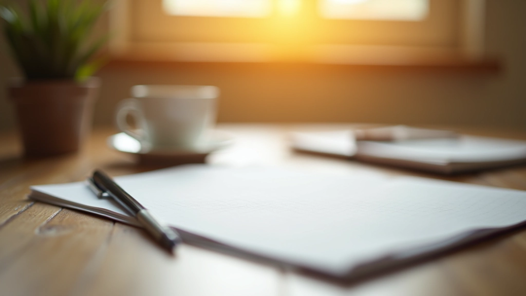 Close-up van notitieboek met feedback-notities, pen en koffie op bureau, warm licht, georganiseerde werkplek