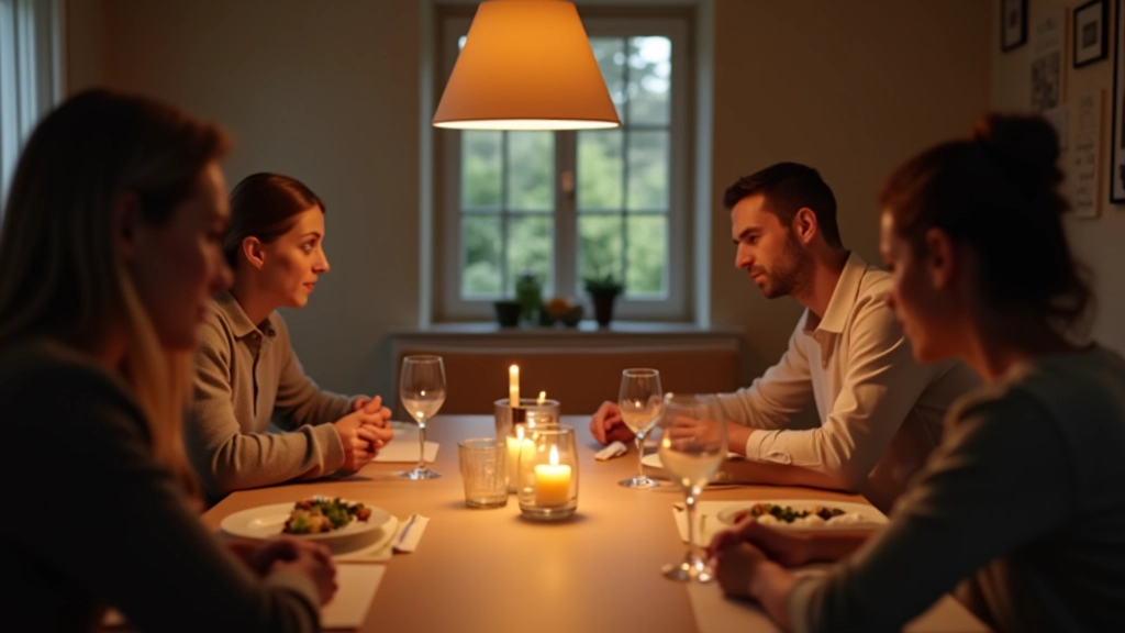 Familie aan eettafel in open gesprek, iedereen luistert, warm licht, ontspannen sfeer