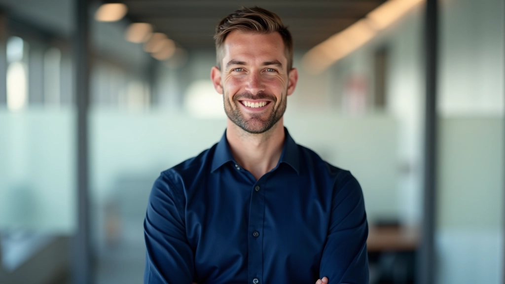 Man staat met rechte schouders en open lichaamstaal, hand gebaar toont openheid, moderne werkplek