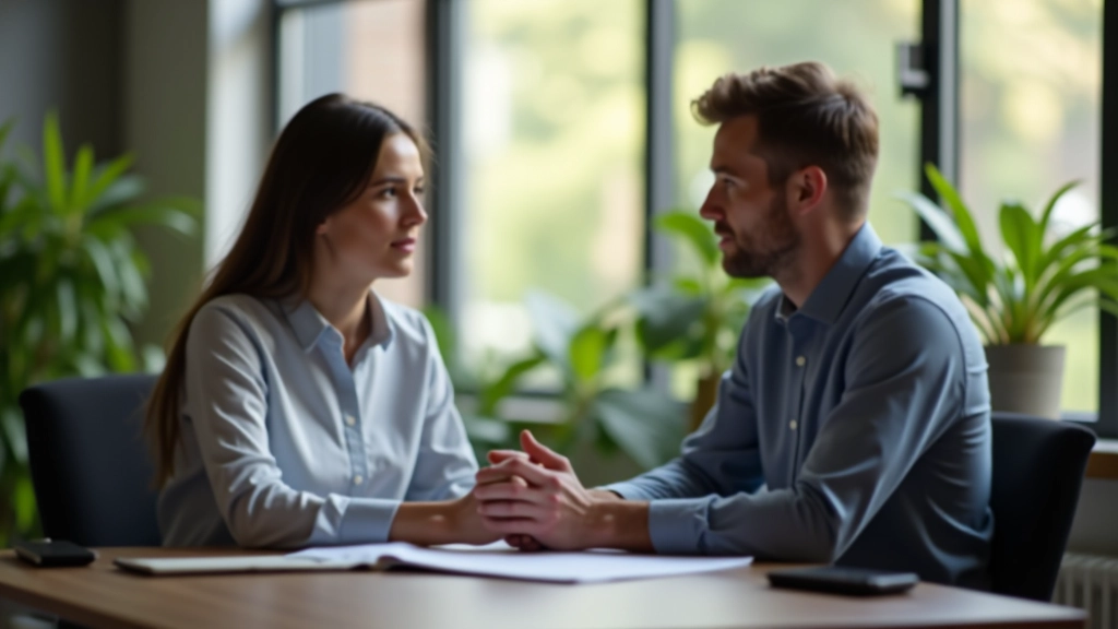 Manager en medewerker in gesprek aan bureau, beide gefocust, notities zichtbaar, kantoor met plants op achtergrond