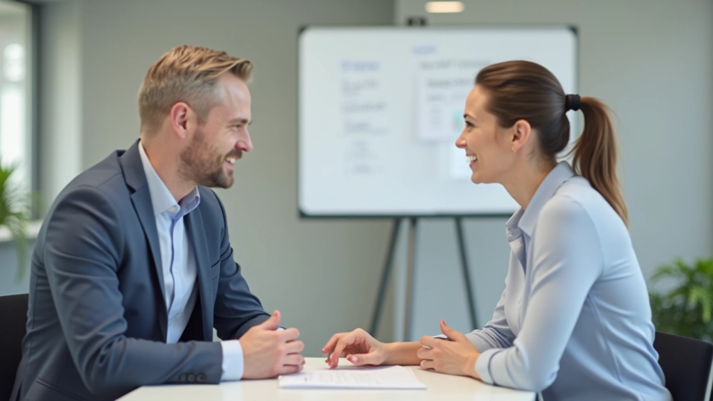Manager en medewerker in constructief gesprek, beide ontspannen, whiteboard met aantekeningen op achtergrond