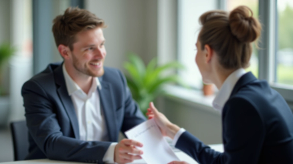 Manager geeft feedback aan teamlid, beide personen kijken positief, professionele kantooromgeving met tabel