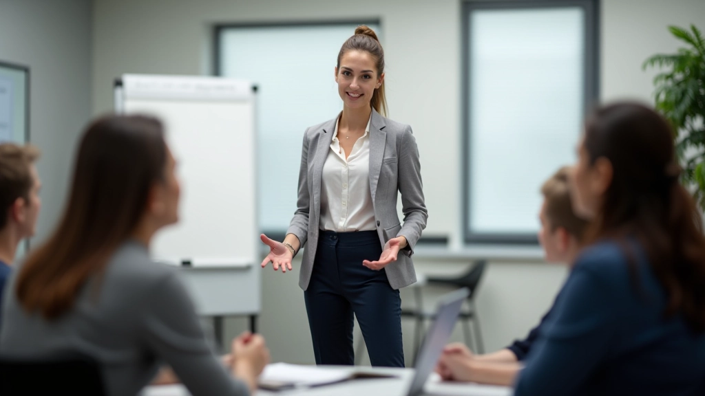 Trainers demonstreert feedback geven aan groep, gezichten tonen concentratie en inzicht, moderne trainingsruimte met bord op achtergrond