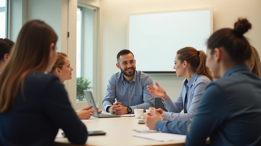 Professionele trainingsomgeving met diverse deelnemers in gesprek