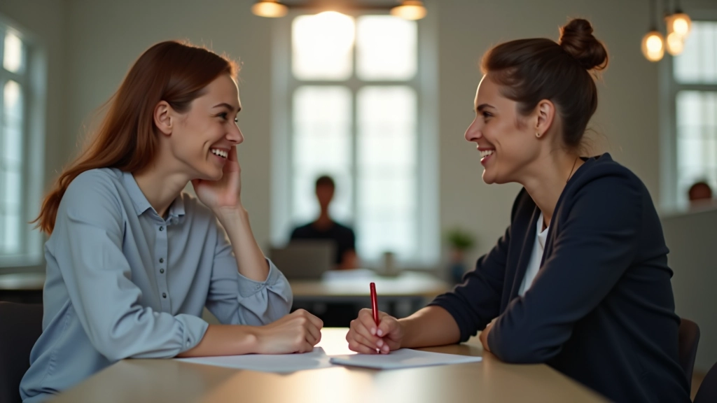 Twee collega's in positief gesprek, aandacht gericht op elkaar, professionele kantooromgeving met warm licht