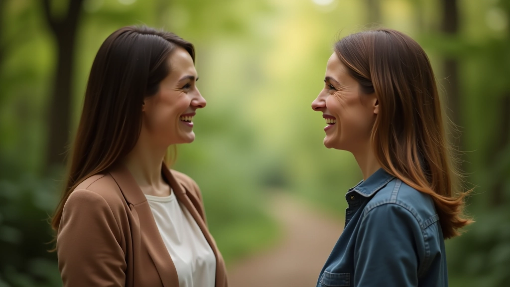 Twee mensen praten met open lichaamstaal, geen spanning in gezichten, vredige omgeving