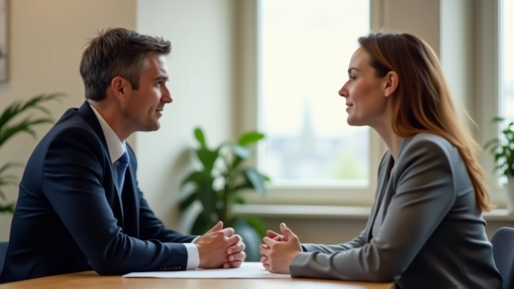 Twee professionals in diep gesprek met elkaar, open lichaamstaal, luisterende houding, modern kantoorinterieur met natuurlijk licht