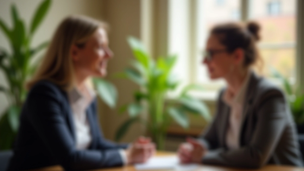 Twee personen in gesprek, goed oogcontact, luisterende houding, warme kantooromgeving