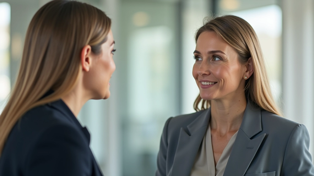 Twee professionele vrouwen in gesprek, één spreekt, ander luistert aandachtig, kantoor background, respectvolle lichaamshouding