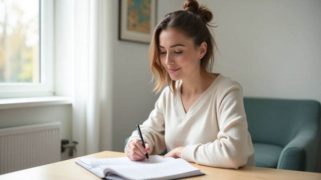 Vrouw zit aan tafel, notitieboek en pen, concentreerst gezicht, licht uit raam, studio kantoor