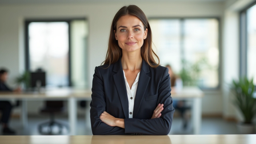 Vrouw staat rechtop met zelfverzekerde houding, hand op tafel, assertieve lichaamshouding